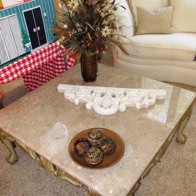 CHIPPENDALE STYLE MARBLE TOP END TABLES, COFFEE TABLE & BUFFET