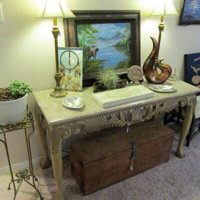 CHIPPENDALE STYLE MARBLE TOP END TABLES, COFFEE TABLE & BUFFET
