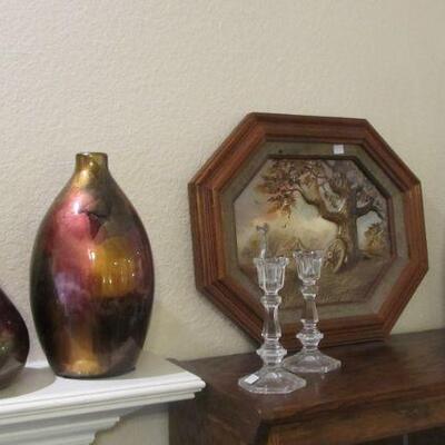 LOVELY VASES & OTHER DECOR AS WELL AS A FRAMED HAND-CARVED LANDSCAPE RELIEF. 