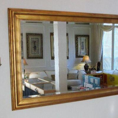 LARGE ELEGANT GOLD FRAME BEVELED MIRROR & VERY LOVELY DOUBLE CANDLE SCONCES.