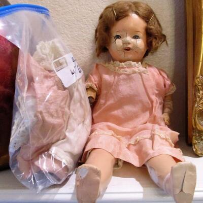 ANTIQUE "CREEPY" COMPOSITE DOLL W/ CLOTHES
