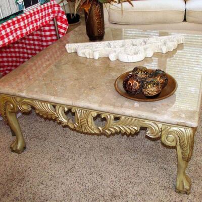 CHIPPENDALE STYLE MARBLE TOP END TABLES, COFFEE TABLE & BUFFET