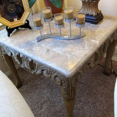 CHIPPENDALE STYLE MARBLE TOP END TABLES, COFFEE TABLE & BUFFET