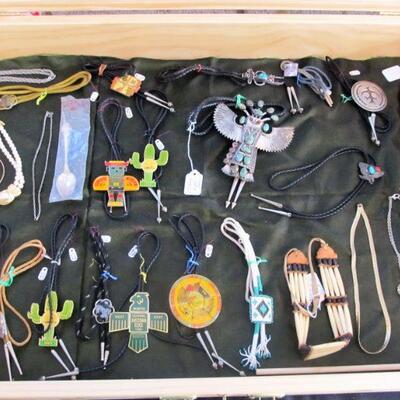 VINTAGE NATIVE AMERICAN MADE BOLO TIES, RINGS, KNIVES, & OTHER JEWELRY