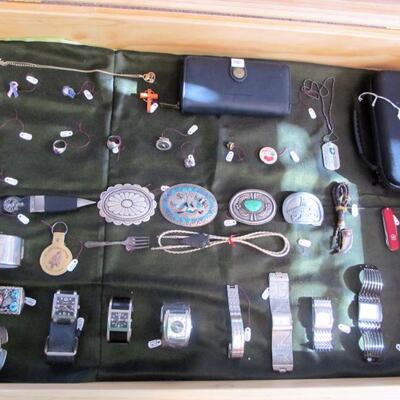 VINTAGE NATIVE AMERICAN-MADE BOLO TIES, RINGS, KNIVES, BELT BUCKLES, WATCHES, NINTENDO SWITCH CASE & 2 GAMES.
