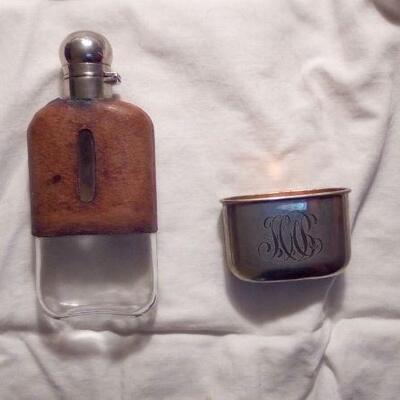 Hip flask leather,glass,silverplate