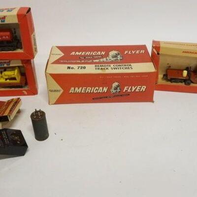 1111	AMERICAN FLYER TRAIN LOT, NO 720 REMOTE CONTROL SWITCHES, DIESEL HORN CONTROL BOX, & 3 CARS
