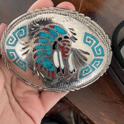 Indigenous belt buckle with turquoise 