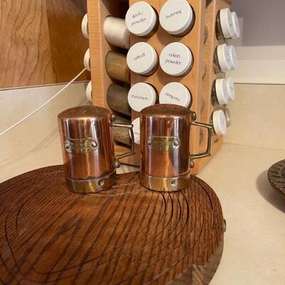 Spice rack and copper salt and pepper shaker 