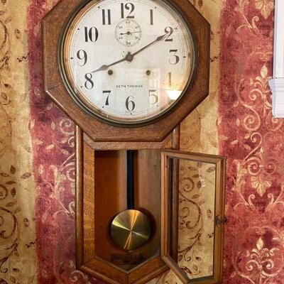 Seth Thomas ~ School House Clock ~ oak wall cabinet