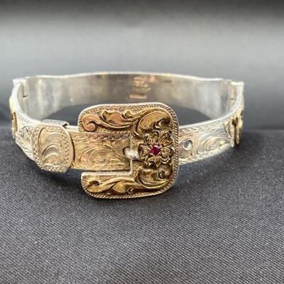 Sterling Silver Western Bangle Bracelet with 1/10 10k Gold Filled lining total weight is 41.06 grams