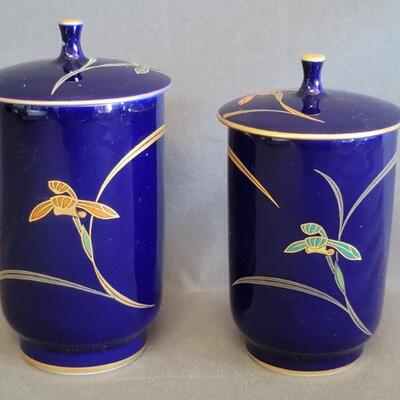 (2) Blue Lidded Asian Canisters
