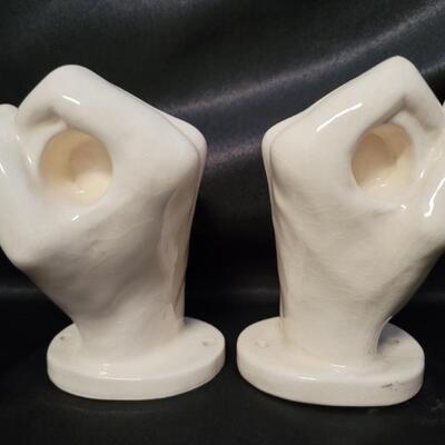 Pair White Ceramic Fist Candle Holders Wall Decor
