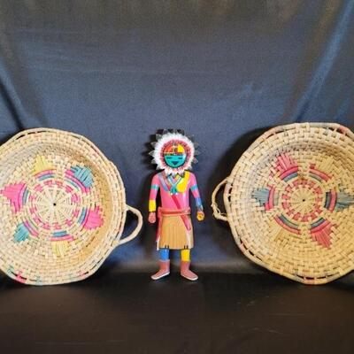 Native American: 2-Straw Baskets & 1-Kachina Doll
