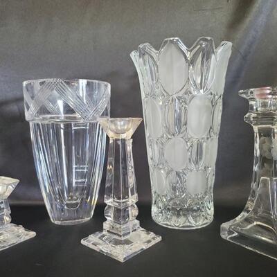 (5) Crystal: 2-Vases & 3-Mismatched Candlesticks