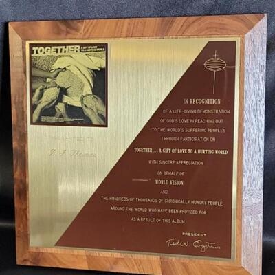 World Vision Appreciation Plaque to BJ Thomas for Participation in TOGETHER Album with other artists to fight world hunger
