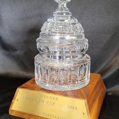 Waterford Crystal Capital Dome Golf Trophy
Waterford Lidded Biscuit Jar (removable) sits on Base Trophy for Winner of 1988 Chrysler Cup...