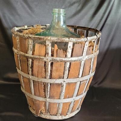 Large Metal & Wood Basket w/ Large Glass Bottle