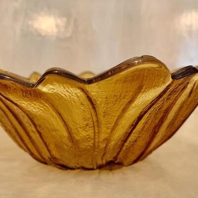 Amber Glass Bowl Flower Design Inside the Bowl