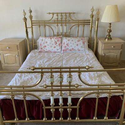 Brass Queen Size Headboard and Footboard, Calvin Klein Comforter and Scalloped Quilt. (Nightstands and Lamp Not Included)