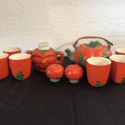Hand Painted Ceramic Tomato Teapot, Sugar, Salt & Pepper & 6 Cups
By Moriyama Mori-Machi of Japan