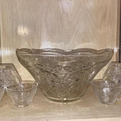 Pressed Glass Punch Bowl with Ladle & 12 Cups
