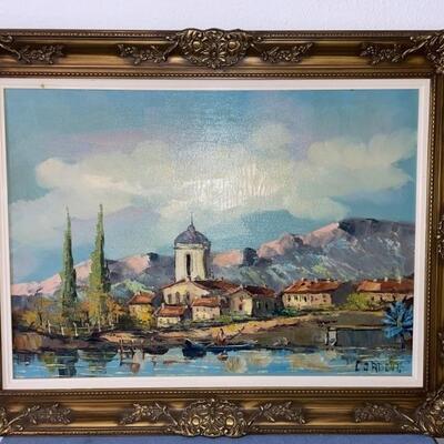Italian Lake Village Oil on Canvas Gilt Gold Frame