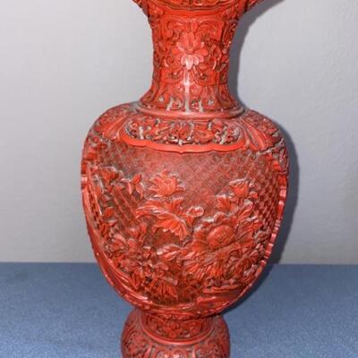 Vintage Carved Cinnabar Lacquer 12in Vase