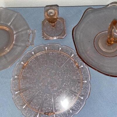 (4) Pink Depression Glass: Handled Petit Fours, 
Candlestick, Cake Plate, Handled Serving Bowl