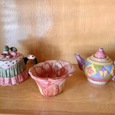 (3) Whimsical Ceramic: 2-Teapots, 1-Flower Vase