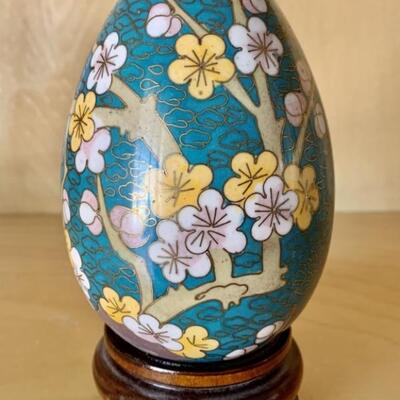 Vintage CloisonnÃ© Enamel Egg on Wood Stand