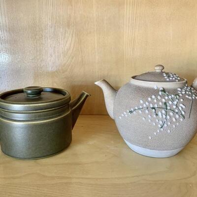 (2) Teapots: Green is Wedgwood, Taupe is Unmarked