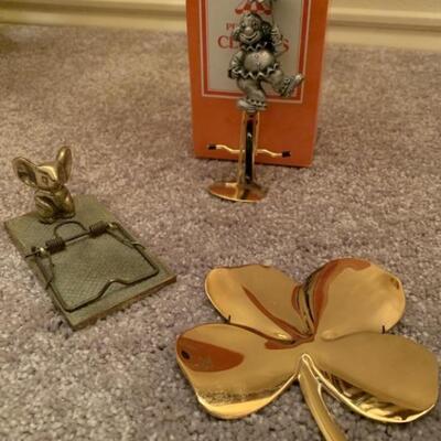 (3) Brass and Pewter Decor, 4 Leaf Clover Dish, Clown on Unicorn FIgurine, & Mouse Trap Sculpture