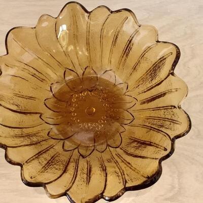 Amber Glass Bowl Flower Design Inside the Bowl