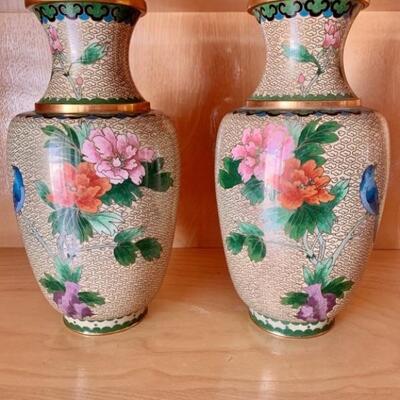 Pair CloisonnÃ© Enamel Chinese 10in Vases