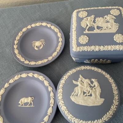 (4) Wedgwood Blue Japsperware: 2-Trinket Boxes & 2-Trinket Dishes 
Marked WEDGWOOD, Made in England
