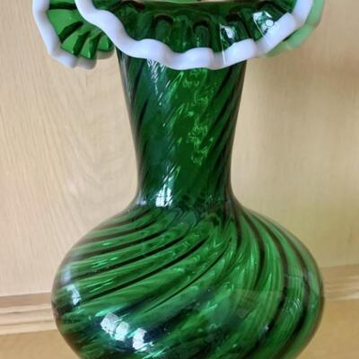 Green Swirl Art Glass Vase with White Rim