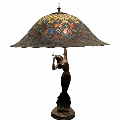 Stained Glass Peacock Lamp Nude Figural Base