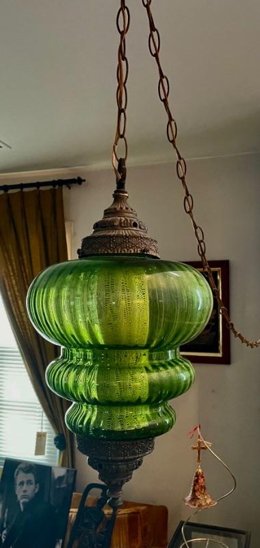 Green Glass- Hanging Swag Lamp -Vintage 1960's