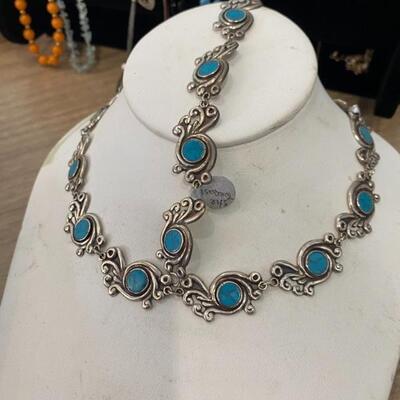 Beautiful signed southwestern sterling silver and turquoise necklace and bracelet set!!