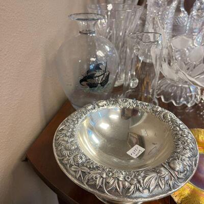 Silver bowls, trays and hand blown glass