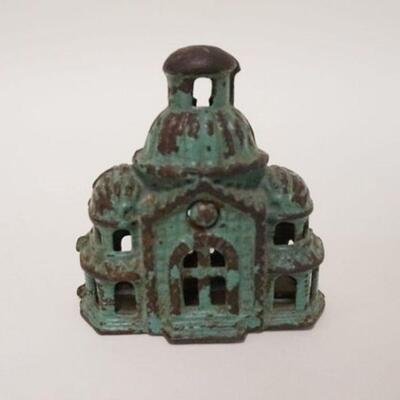 1022	SMALL *BANK* BUILDING BANK W/GREEN DECORATION, CAST IRON, 3 IN WIDE X 3 1/4 IN HIGH
