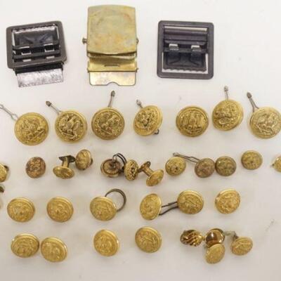 1093	LOT OF MILITARY BUTTONS & BELT BUCKLES, ONE BUCKLE MARKED SOLID BRASS
