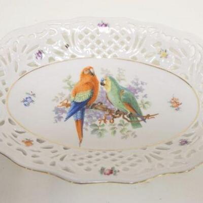 1102	BAVARIA GERMANY OVAL BOWL W/PARROTS & RETICULATED RIM, 12 1/2 IN X 8 1/2 IN

