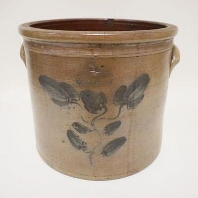 1007	PRUDEN & OLCOTT BLUE DECORATED CROCK, 4 GALLON, 185 DUANE ST NY, HAS A HAIRLINE DOWN THE FRONT & 2 RIM CHIPS, 10 3/4 IN HIGH
