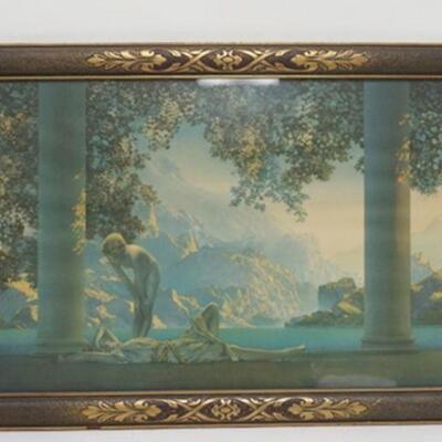 1069	MAXFIELD PARRISH LARGE DAYBREAK IN NICE ORIGINAL FRAME, SOME SPOTS OF PAINT WEAR ON THE FRAME, 33 3/8 IN X 21 3/8 IN INCLUDING FRAME
