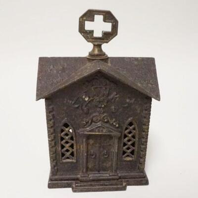 1030	*BANK 1882* STILL BANK, BRASS ORNAMENT SCREW TOP, CAST IRON, 4 1/8 IN WIDE X 6 1/4 IN HIGH

