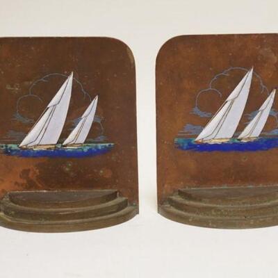 1063	ENAMELED COPPER & BRASS BOOKENDS, SAILBOATS, 5 1/8 IN WIDE X 6 IN HIGH
