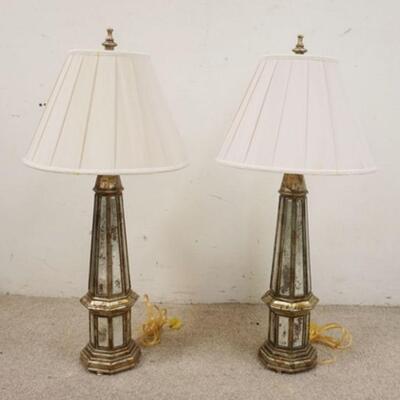 1077	PAIR OF MIRRORED & PAINTED LAMPS, HAVE PLEATED CLOTH SHADES & ORIGINAL FINIALS, 36 IN HIGH
