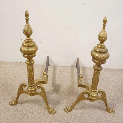 1084	PAIR OF QUALITY CLAW FOOT BRASS ANDIRONS, ORNATE EMOBSSED PATTERN, 23 1/2 IN HIGH X APPROXIMATELY 23 IN LONG
